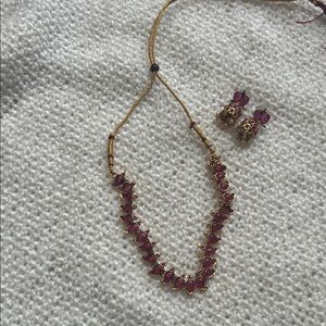 Gold-Tone Pink Stone Necklace and Earring Set